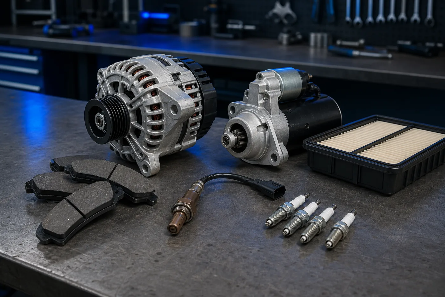 Selection of unbranded replacement car parts on a mechanic's workbench